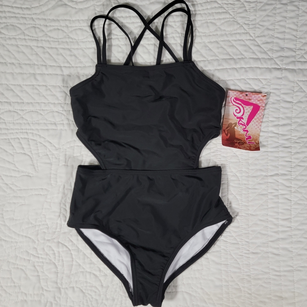 Kanu Surf Girls Black Swimsuit with Cutouts and Crisscross Straps Size 8